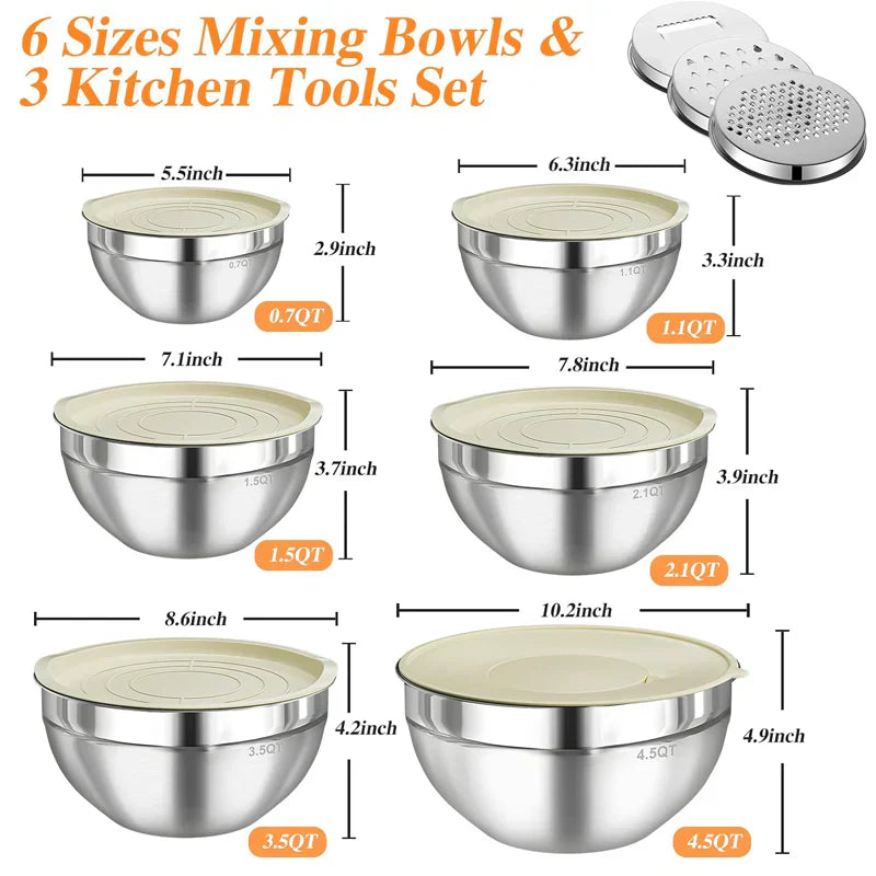 Sleek Mixing Bowl Set | Stainless Steel, 6 Bowls with Lids and Grater Attachments 3