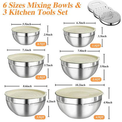 Sleek Mixing Bowl Set | Stainless Steel, 6 Bowls with Lids and Grater Attachments 3