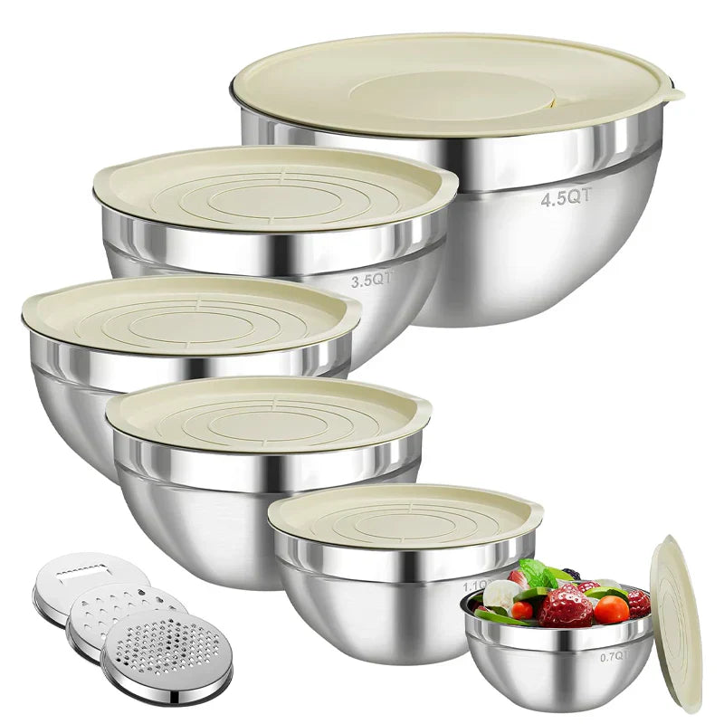 Sleek Mixing Bowl Set | Stainless Steel, 6 Bowls with Lids and Grater Attachments 8