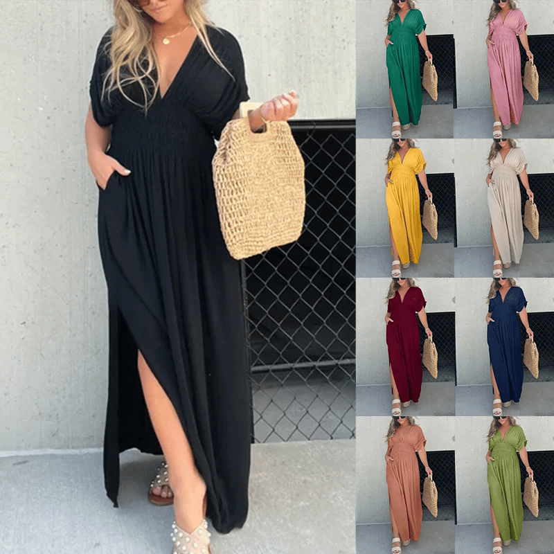 Elegantní šaty s výstřihem do V | Ležérní, lehké letní šaty z bavlněné směsi