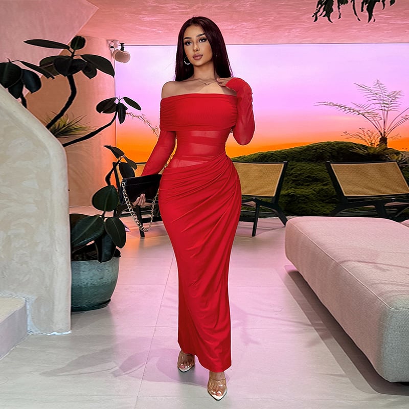 Sola Maxi Dress | Off Shoulder, Pleated Sheer Mesh Design 3