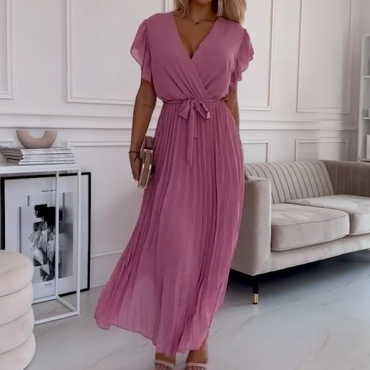 Robe Plissée Soleil | Coupe Fluide, Col V