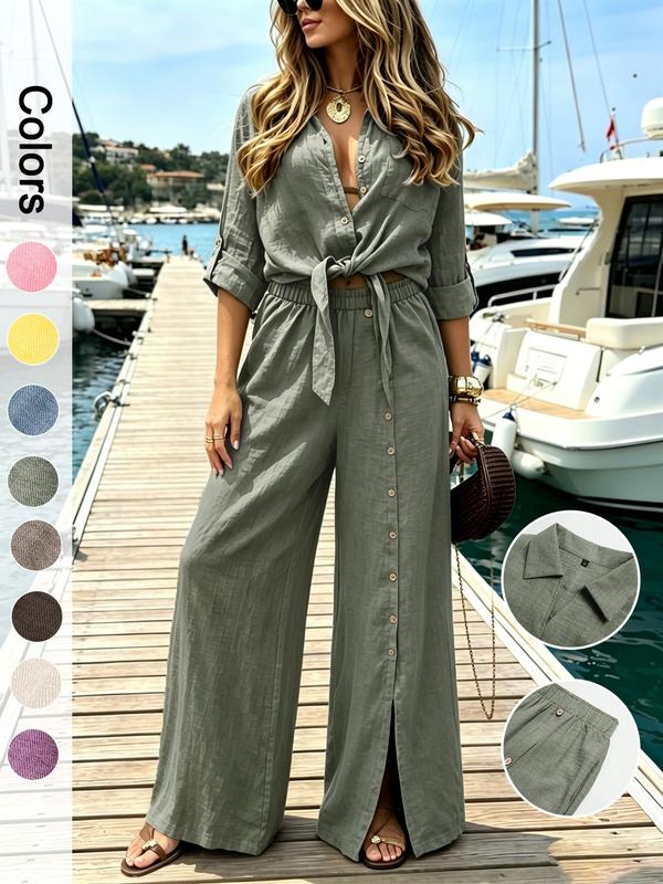 Soleil Women's Set | Elegant Loungewear Two-Piece Set with Knot Top and Wide-Leg Pants 1