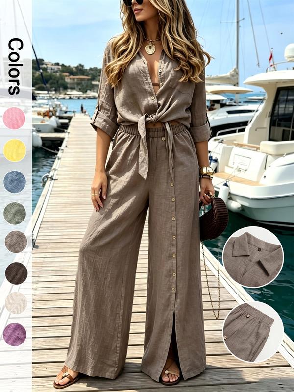 Soleil Women's Set | Elegant Loungewear Two-Piece Set with Knot Top and Wide-Leg Pants 2