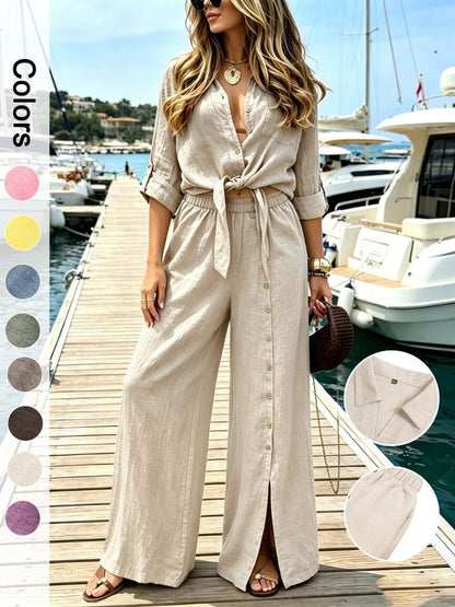 Soleil Women's Set | Elegant Loungewear Two-Piece Set with Knot Top and Wide-Leg Pants 3