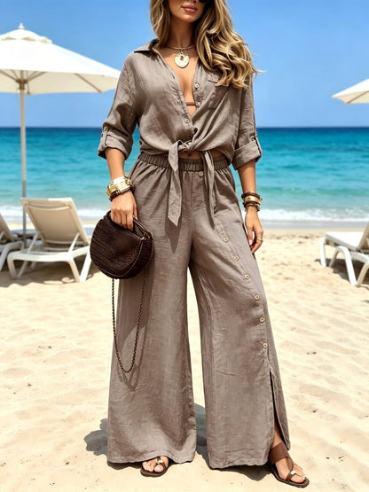 Soleil Women's Set | Elegant Loungewear Two-Piece Set with Knot Top and Wide-Leg Pants 6