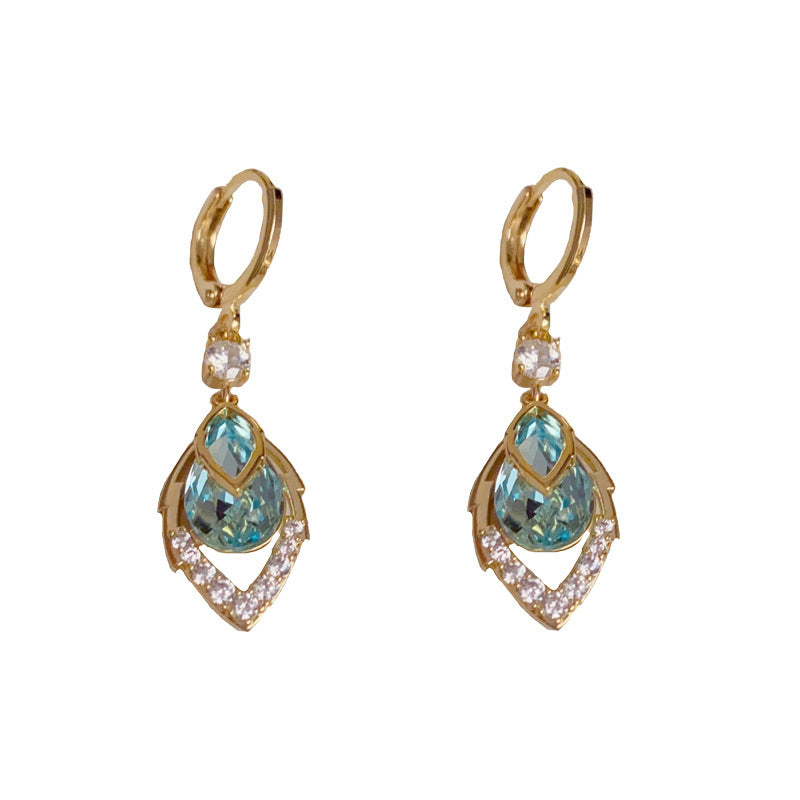 Sora Gold Hoop Earrings | Elegant Art-Deco Design with Sky-Blue Rhinestone 1