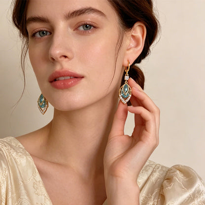 Sora Gold Hoop Earrings | Elegant Art-Deco Design with Sky-Blue Rhinestone 2