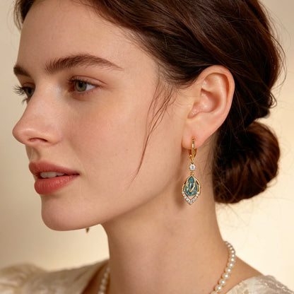 Sora Gold Hoop Earrings | Elegant Art-Deco Design with Sky-Blue Rhinestone 3