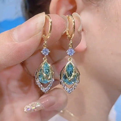 Sora Gold Hoop Earrings | Elegant Art-Deco Design with Sky-Blue Rhinestone 4
