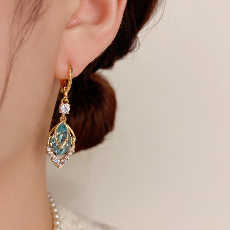 Sora Gold Hoop Earrings | Elegant Art-Deco Design with Sky-Blue Rhinestone 5