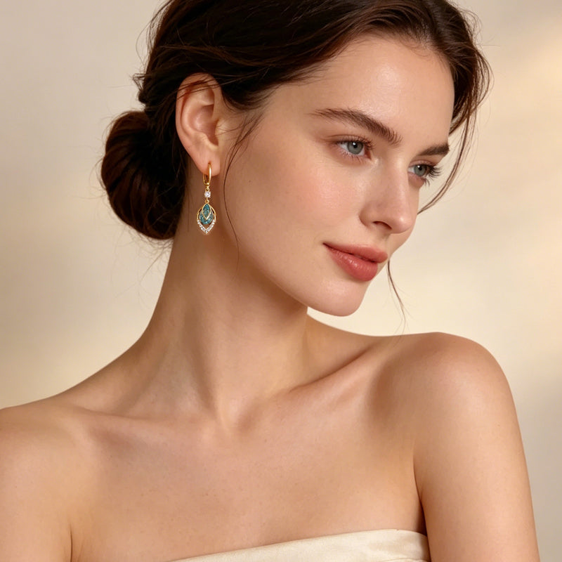 Sora Gold Hoop Earrings | Elegant Art-Deco Design with Sky-Blue Rhinestone 6