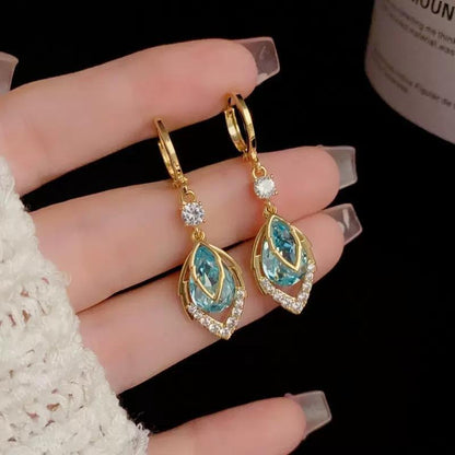 Sora Gold Hoop Earrings | Elegant Art-Deco Design with Sky-Blue Rhinestone 7