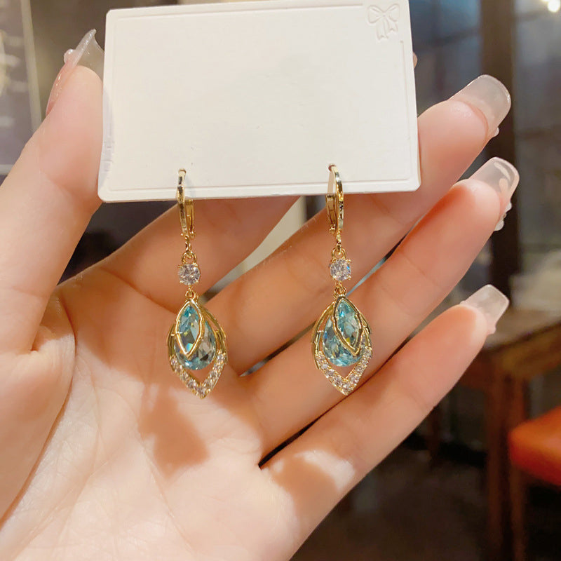 Sora Gold Hoop Earrings | Elegant Art-Deco Design with Sky-Blue Rhinestone 8