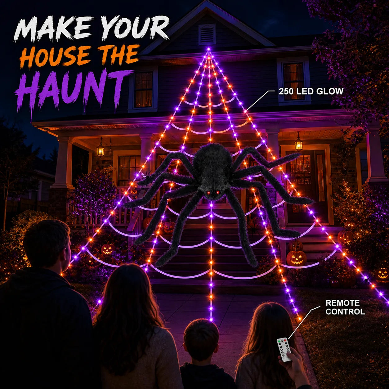 Spooktacular LED Spider Web Lights | 250 Orange & Purple Halloween Lights with Remote Control 0