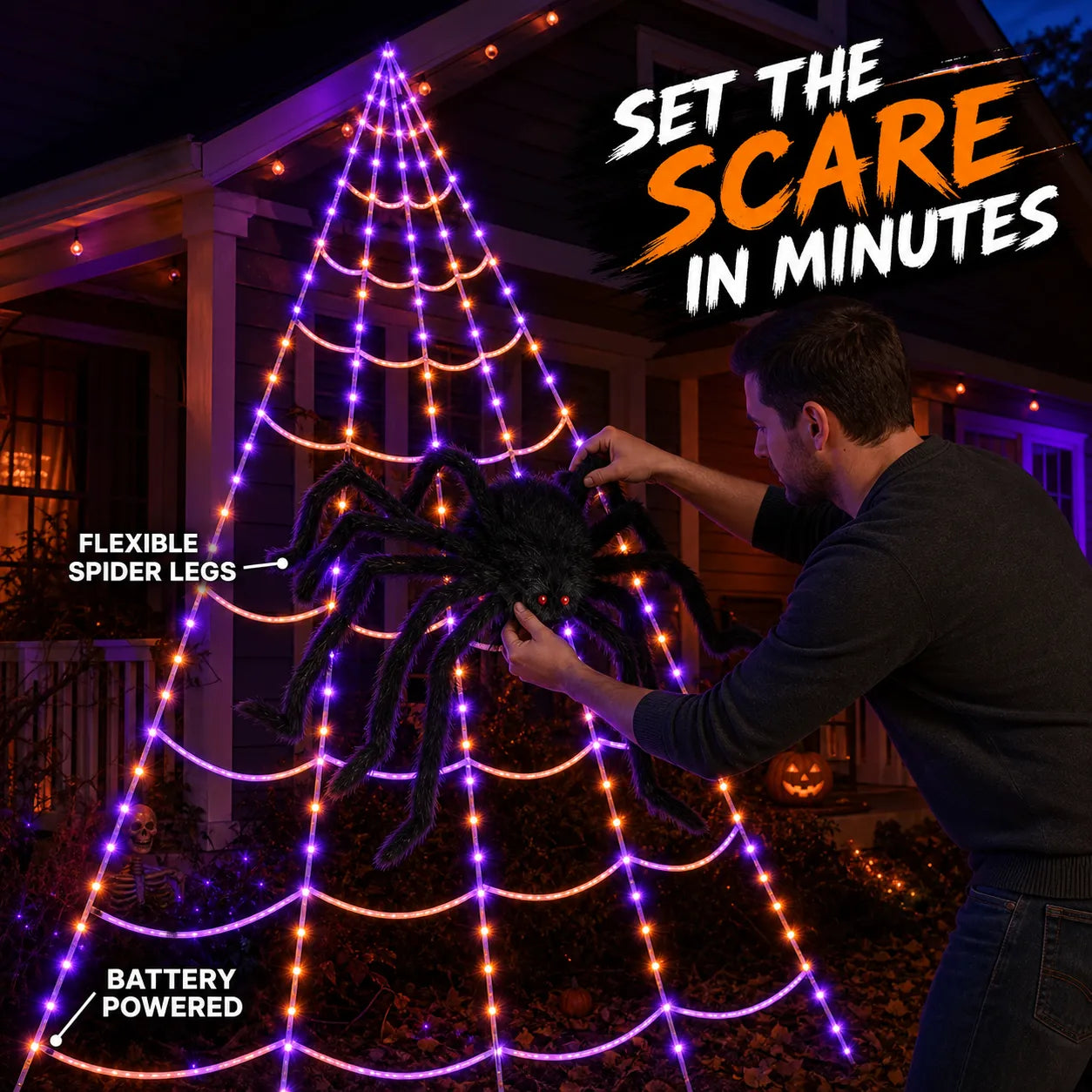 Spooktacular LED Spider Web Lights | 250 Orange & Purple Halloween Lights with Remote Control 1