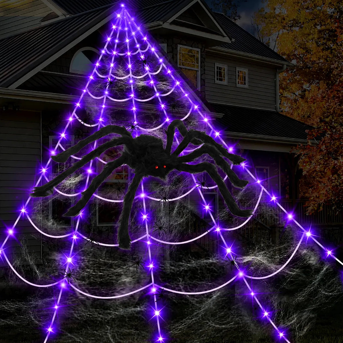 Spooktacular LED Spider Web Lights | 250 Orange & Purple Halloween Lights with Remote Control 2
