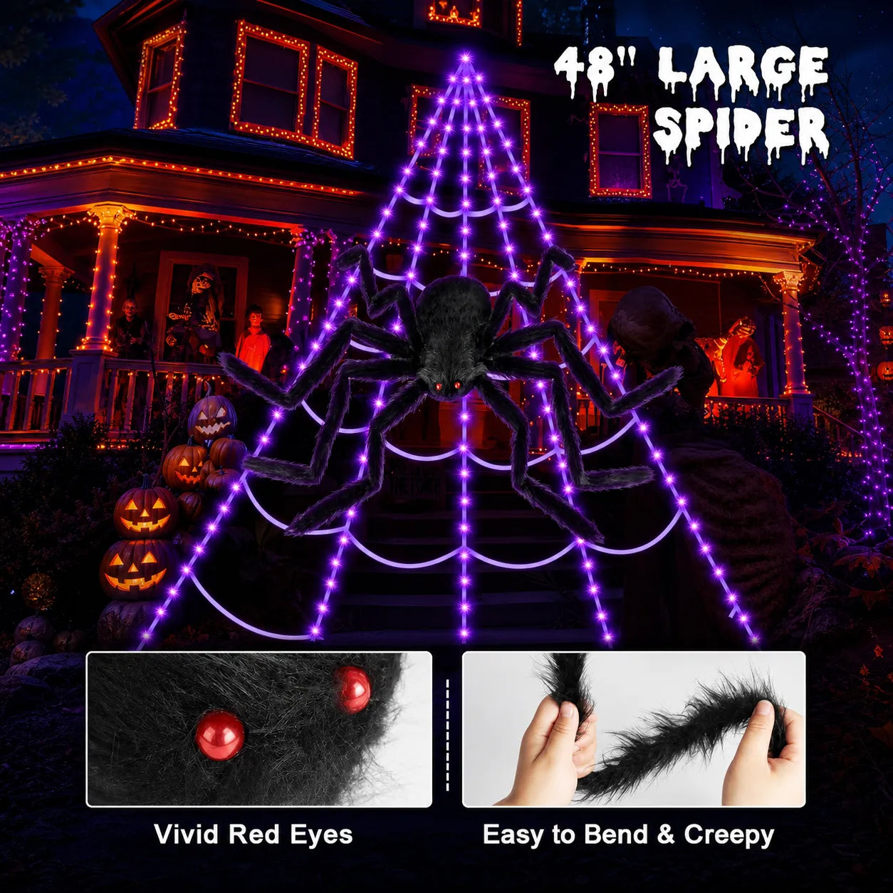 Spooktacular LED Spider Web Lights | 250 Orange & Purple Halloween Lights with Remote Control 3