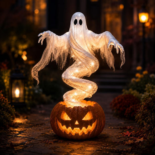 Spooky Ghost Pumpkin Lamp | Vintage Resin Halloween Decoration Outdoor & Indoor 0