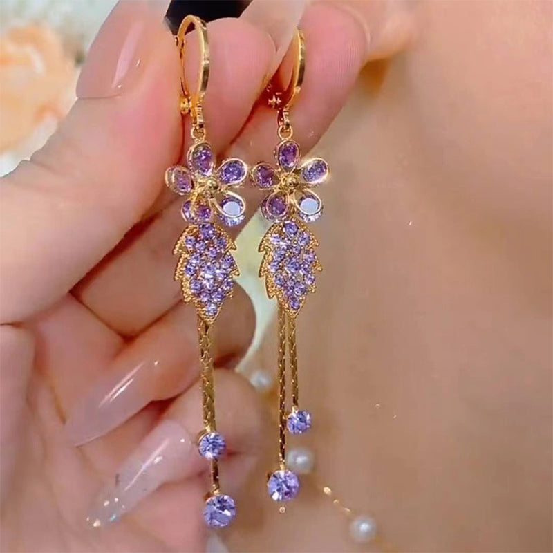 Syntheia Floral Tassel Earrings for Women | Purple Rhinestone Accents 0
