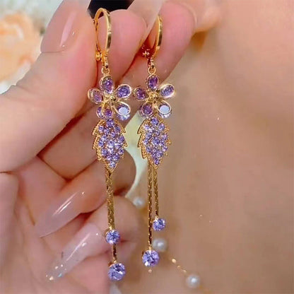 Syntheia Floral Tassel Earrings for Women | Purple Rhinestone Accents 0