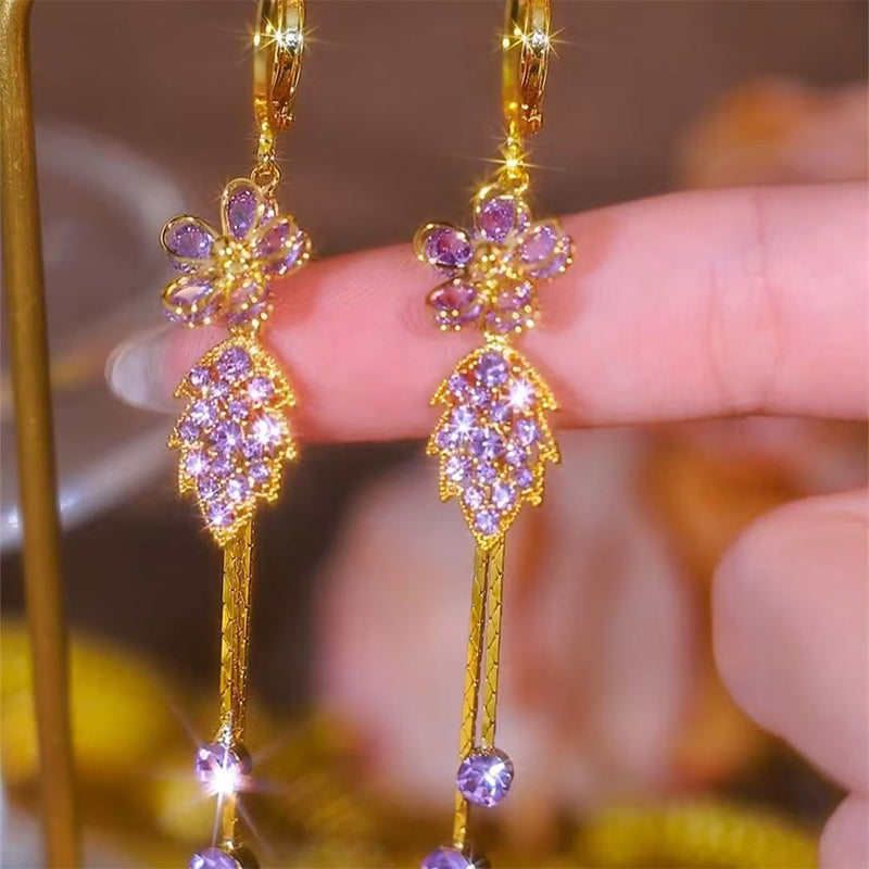 Syntheia Floral Tassel Earrings for Women | Purple Rhinestone Accents 3