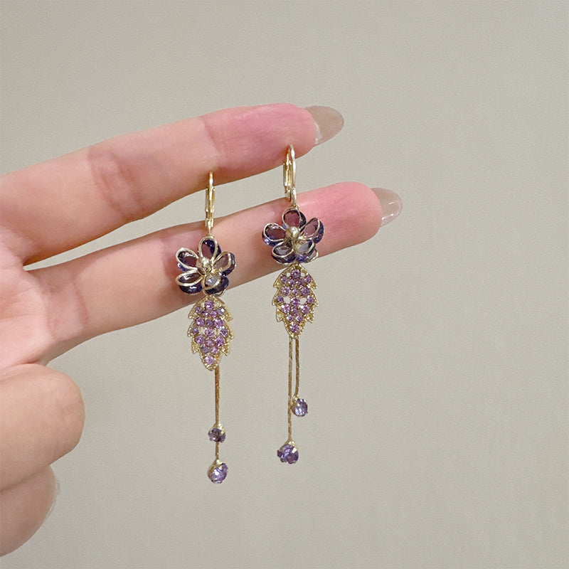 Syntheia Floral Tassel Earrings for Women | Purple Rhinestone Accents 4