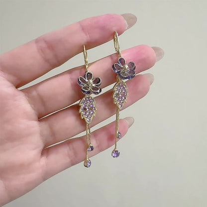 Syntheia Floral Tassel Earrings for Women | Purple Rhinestone Accents 6