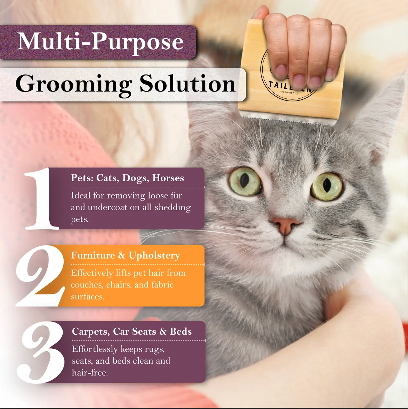 Taily Pet Brush | Wooden Handle, Stainless Steel Deshedding Tool for Cats and Dogs 1