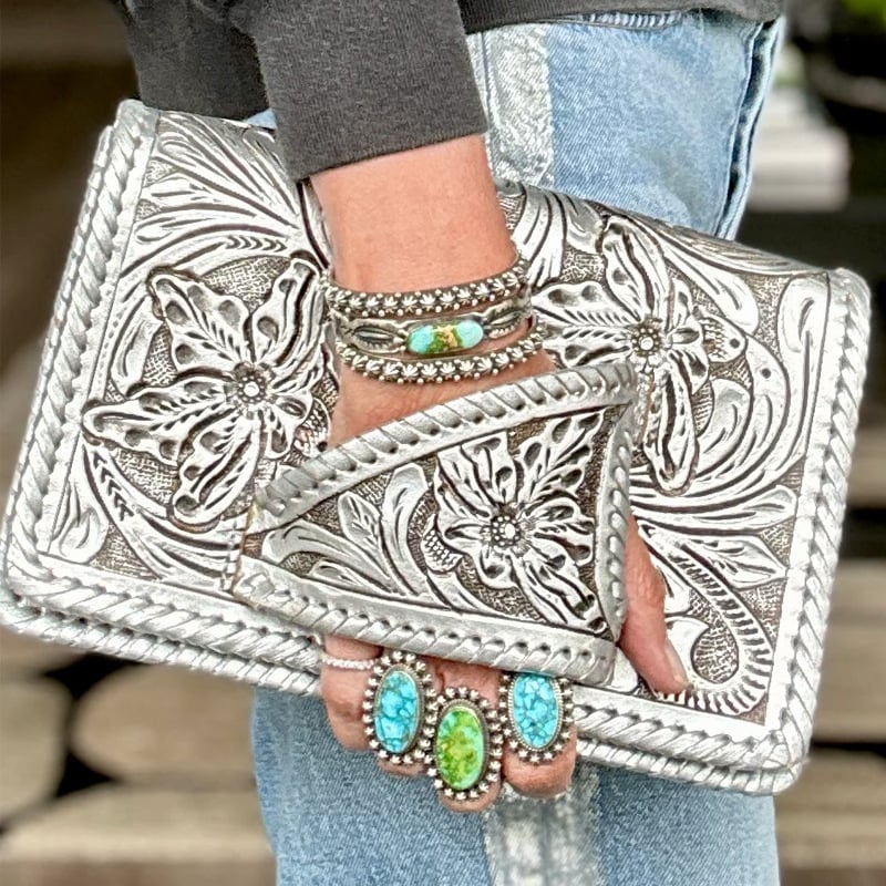 Tura Leather Clutch | Hand-Tooled Metallic Design, Versatile Wristlet 2