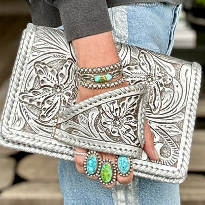 Tura Leather Clutch | Hand-Tooled Metallic Design, Versatile Wristlet 2