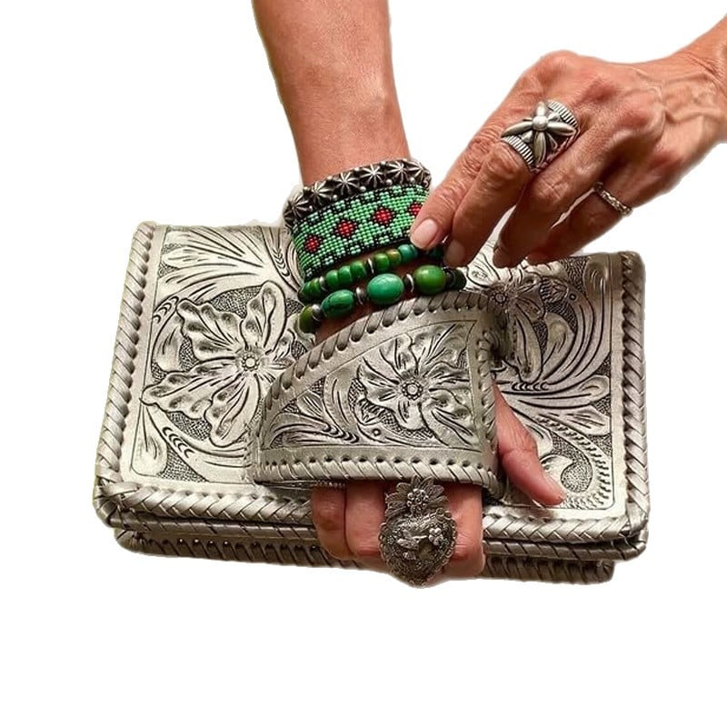 Tura Leather Clutch | Hand-Tooled Metallic Design, Versatile Wristlet 3