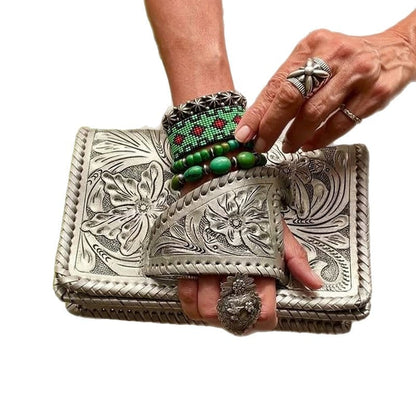 Tura Leather Clutch | Hand-Tooled Metallic Design, Versatile Wristlet 3
