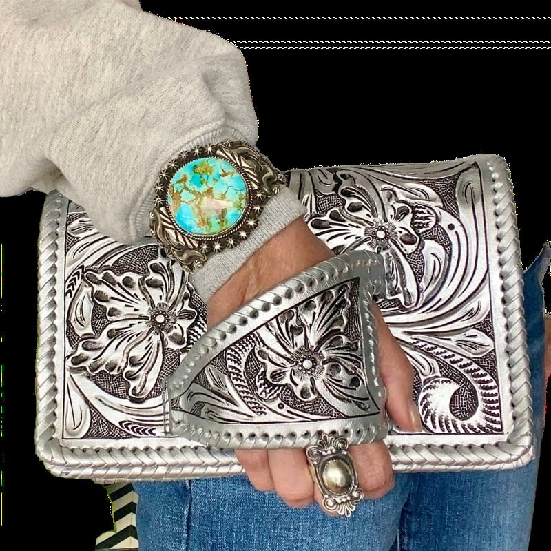 Tura Leather Clutch | Hand-Tooled Metallic Design, Versatile Wristlet 4