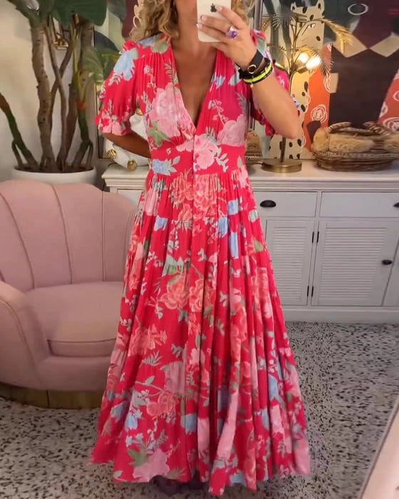 Vera Floral Maxikleid | A-Linie, Baumwolle-Polyester, V-Ausschnitt, Puffärmel