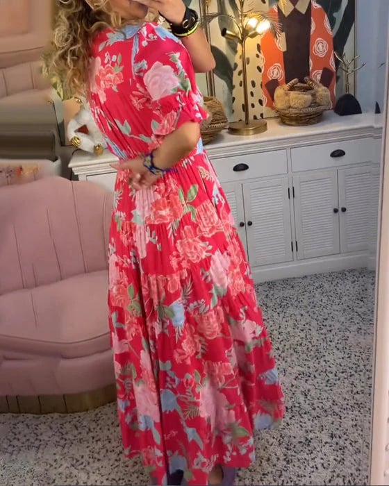 Vera Floral Maxi Dress | A-Line, Cotton Polyester, V-Neck, Puff Sleeves 3