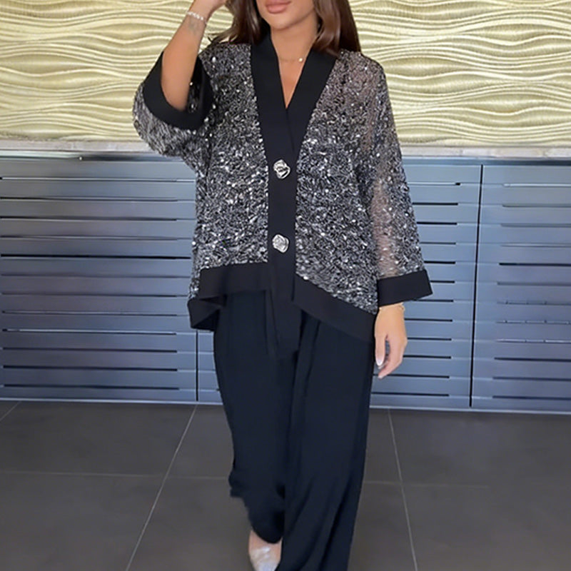 Vera Sequin Cardigan Set | Elegant V-Neck & Wide-Leg Pants 0