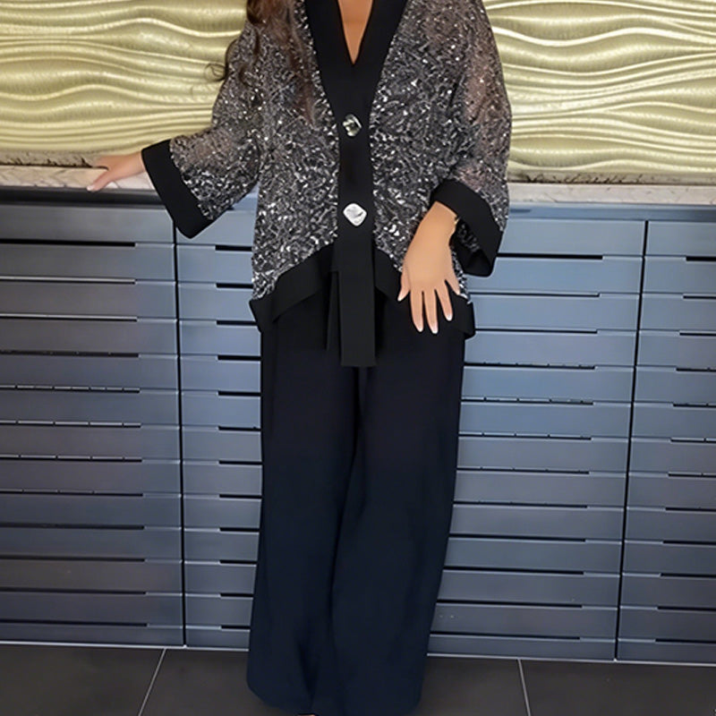 Vera Sequin Cardigan Set | Elegant V-Neck & Wide-Leg Pants 3