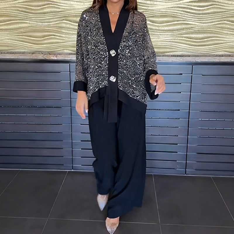 Vera Sequin Cardigan Set | Elegant V-Neck & Wide-Leg Pants 4