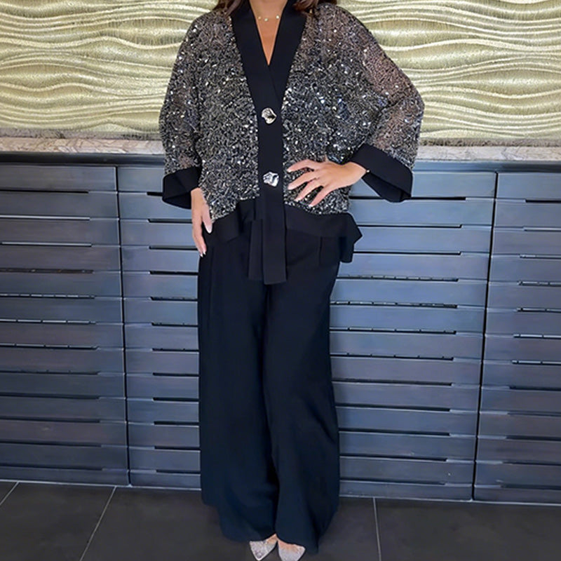 Vera Sequin Cardigan Set | Elegant V-Neck & Wide-Leg Pants 5