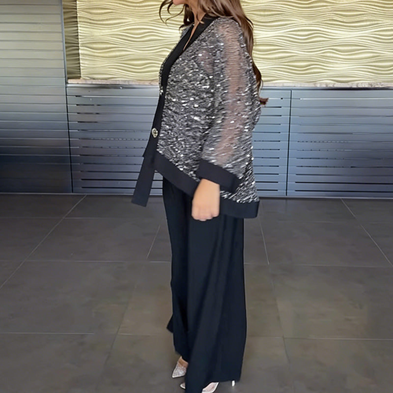 Vera Sequin Cardigan Set | Elegant V-Neck & Wide-Leg Pants 8