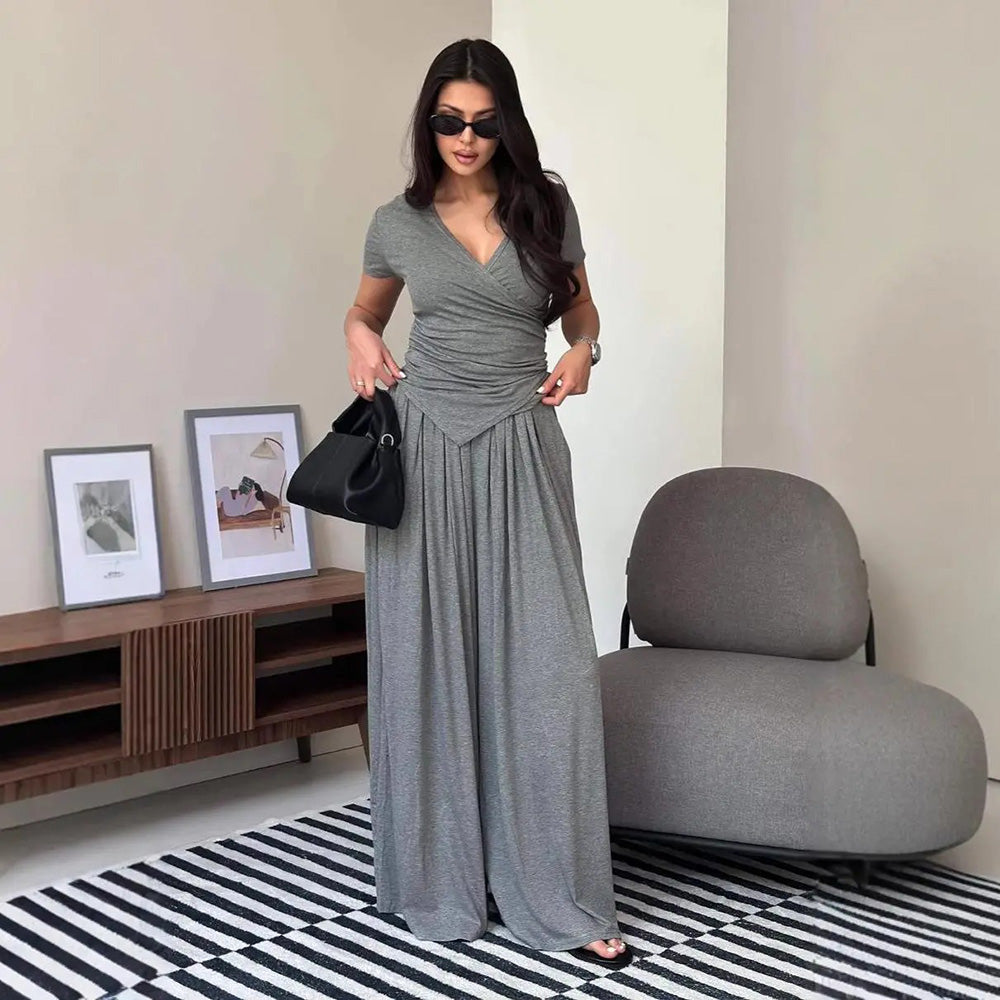 Vera Wrap Top & Wijde Broek Set | Comfortabele Katoenmengeling