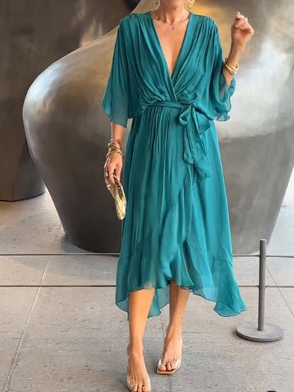 Viora Maxi Dress | Elegant V-Neck, 3/4 Sleeves, Soft Polyester 1