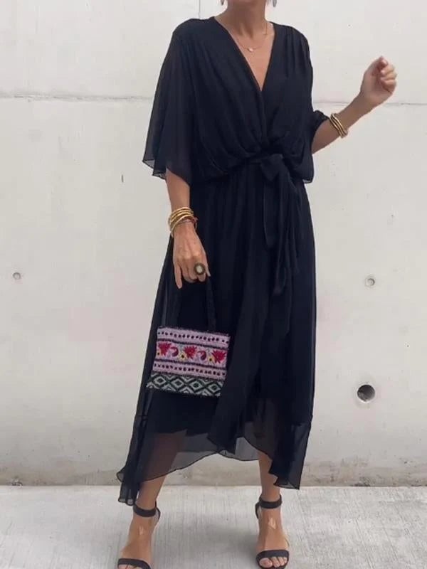 Viora Maxi Dress | Elegant V-Neck, 3/4 Sleeves, Soft Polyester 12