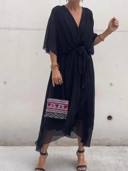 Viora Maxi Dress | Elegant V-Neck, 3/4 Sleeves, Soft Polyester 12