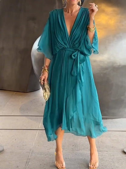 Viora Maxi Dress | Elegant V-Neck, 3/4 Sleeves, Soft Polyester 2