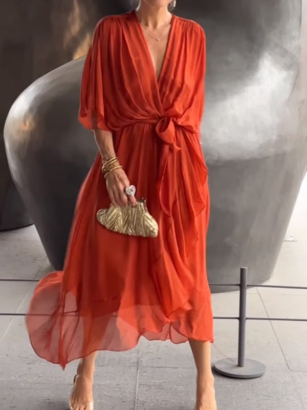 Viora Maxi Dress | Elegant V-Neck, 3/4 Sleeves, Soft Polyester 3