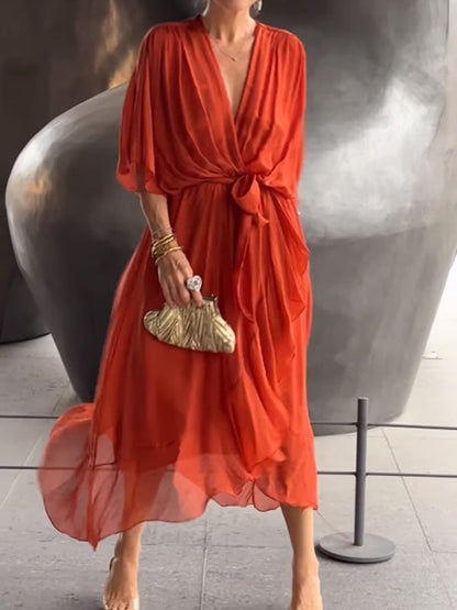 Viora Maxi Dress | Elegant V-Neck, 3/4 Sleeves, Soft Polyester 3