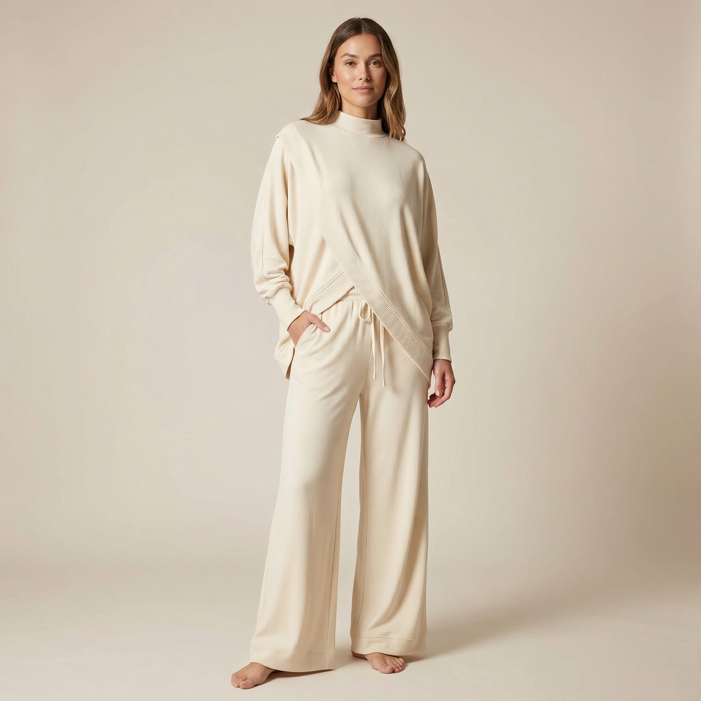 Viva Asymmetric Knit Set | Soft Polyester, Wide Leg Pants 1