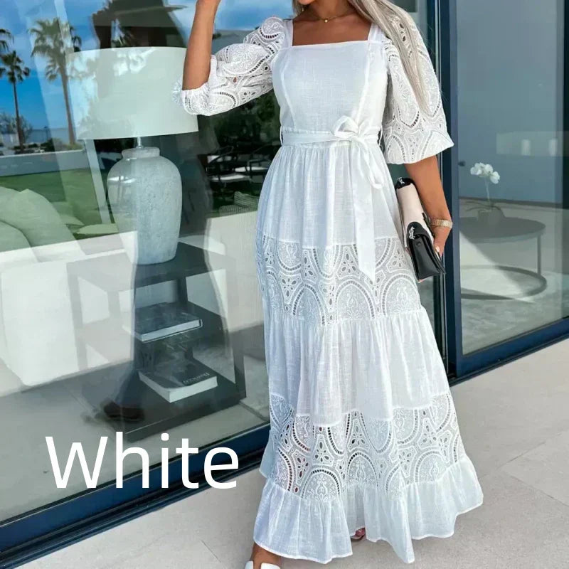 Wanda Maxi Dress | Unique Patchwork Design, Tie Waist, Square Neckline 0